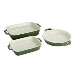 Staub 3-Piece Stoneware Baking Set BOTTOM LINE: If you want top quality stoneware/ceramic cookware I found Emile Henry to be a much better investment as it is sturdier and does not develop cracks and lines - it