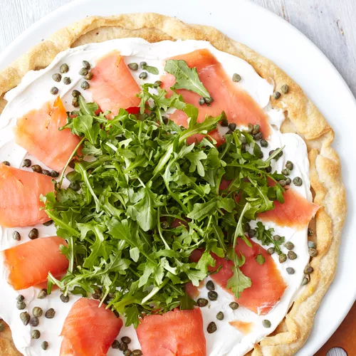 Smoked Salmon, Arugula and Creme Fraiche Pizza