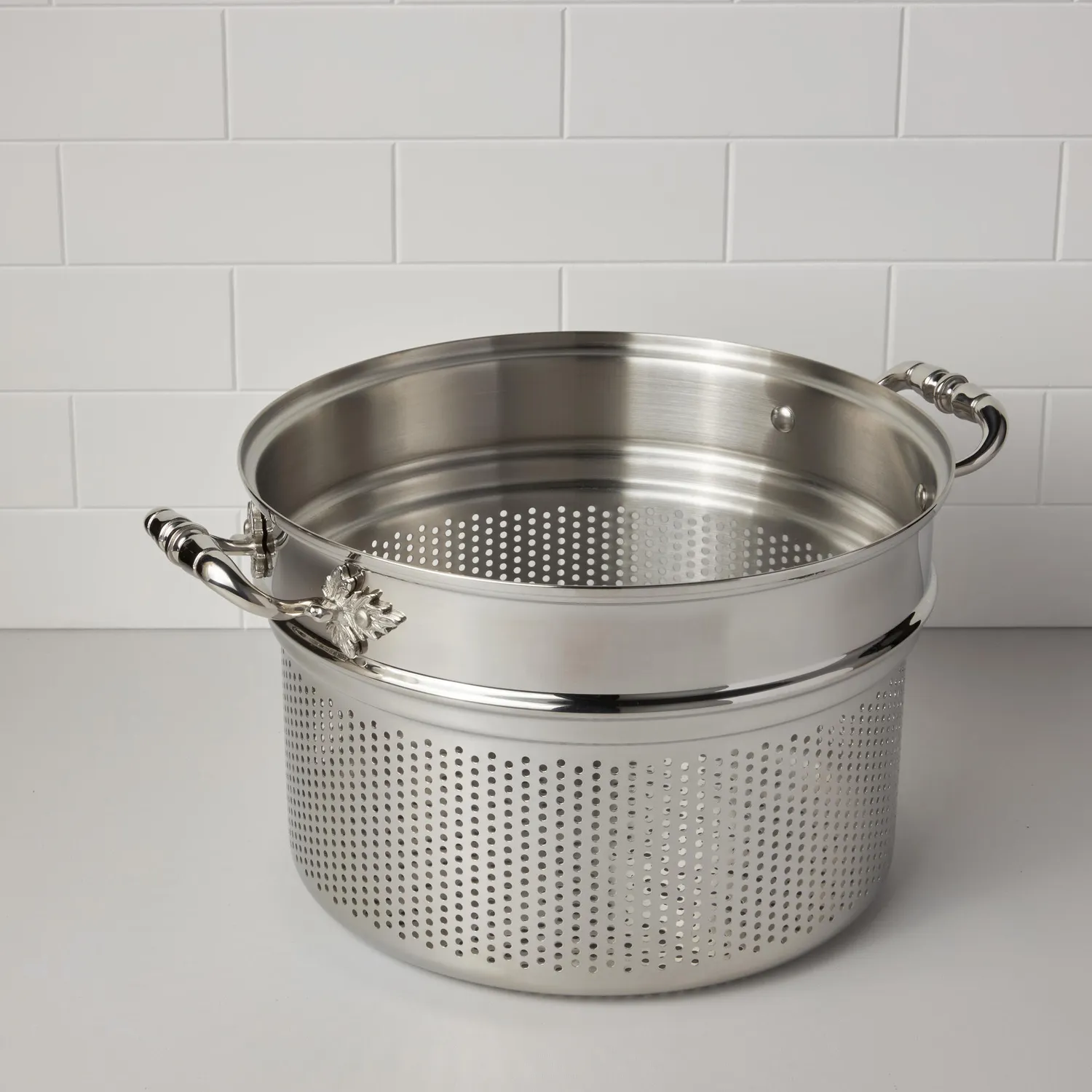 Ruffoni Opus Prima Hammered Stainless Steel Pasta Pot with Strainer Insert