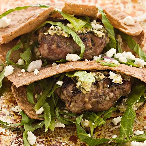 Grilled Lamb Pita Sliders with Feta and Mint Pesto