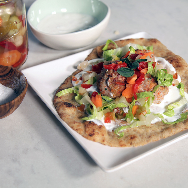 Turkey Meatball Naan’wich with Yogurt and Pickled Vegetables