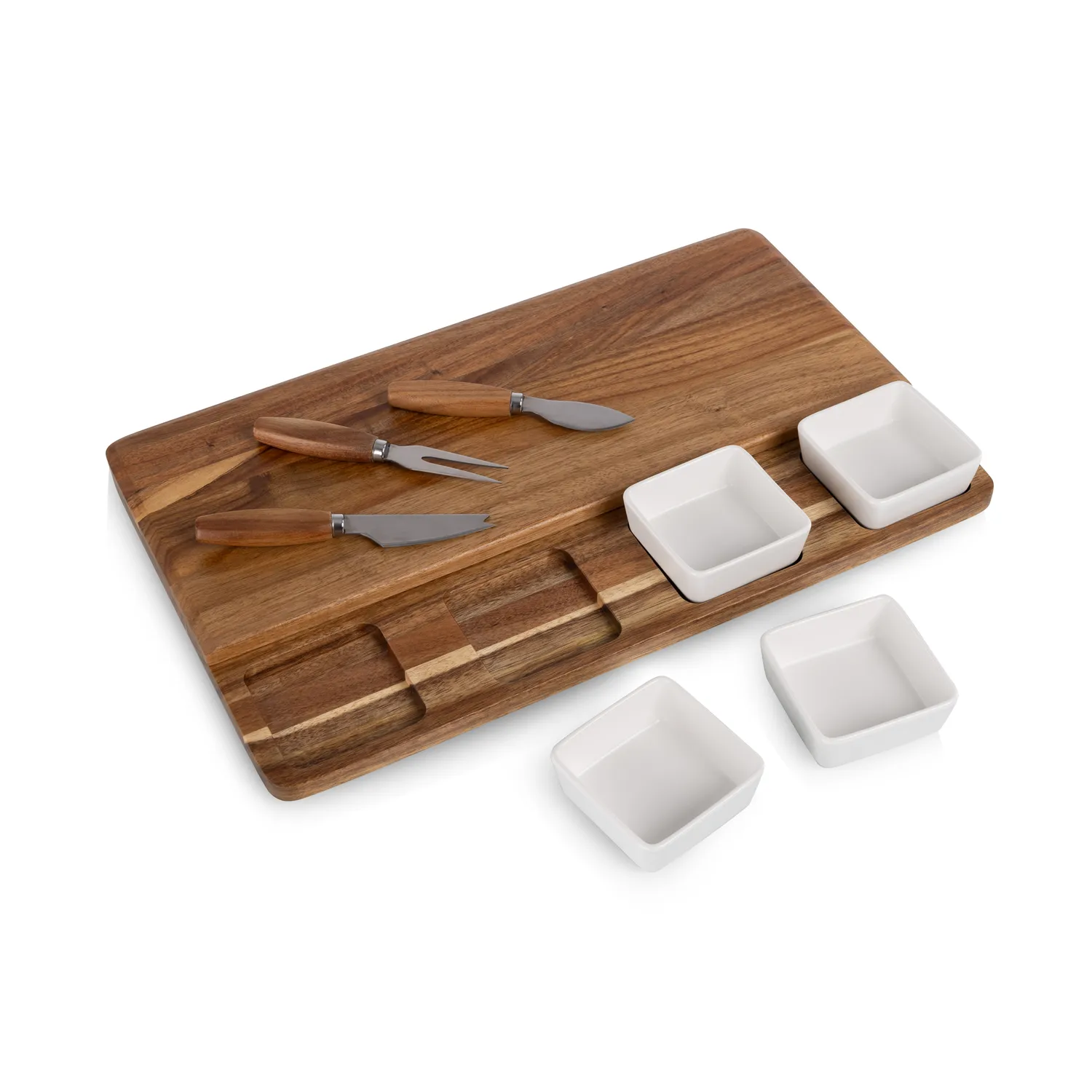 Picnic Time Acacia Picada Tapas & Cheese Board Set with Dip Bowls