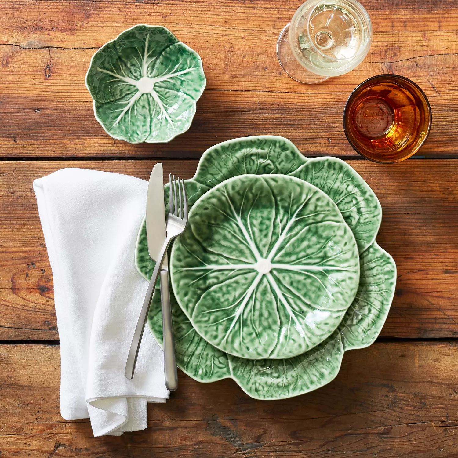 Bordallo Pinheiro Cabbage Green Dinner Plates, Set of 4