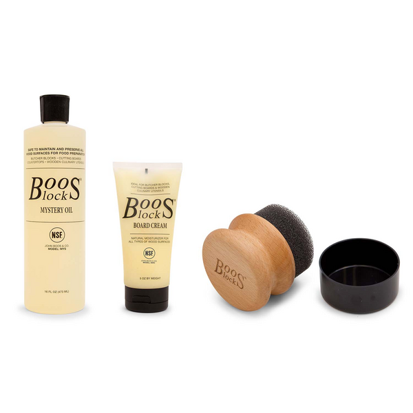 John Boos Care and Maintenance Set: One 16 Ounce Bottle Mystery Oil, One 5 Ounce bottle Board Cream and One Round Applicator