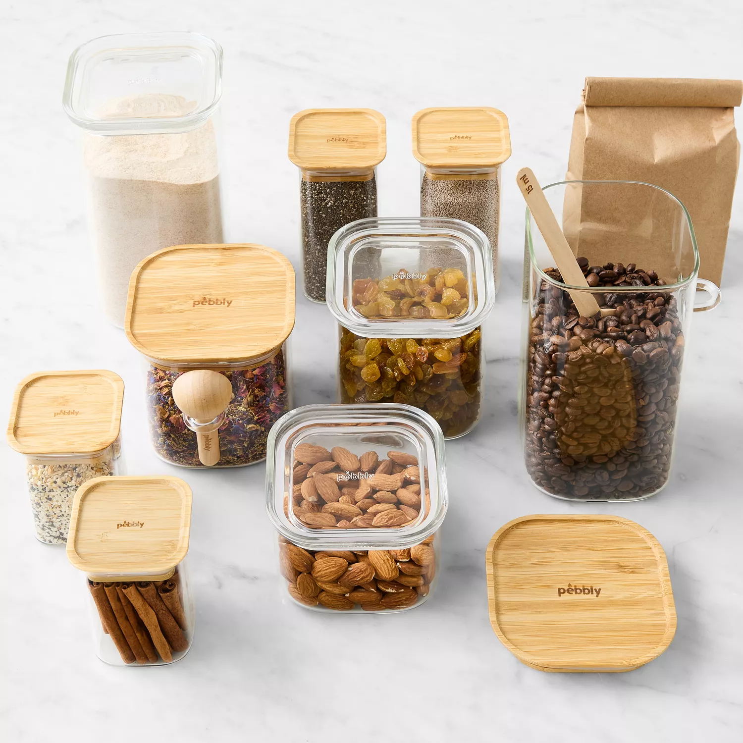 Pebbly Glass & Bamboo Jars with Scoop