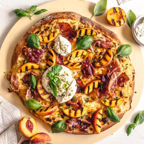 Grilled Peach and Prosciutto Pizza with Burrata