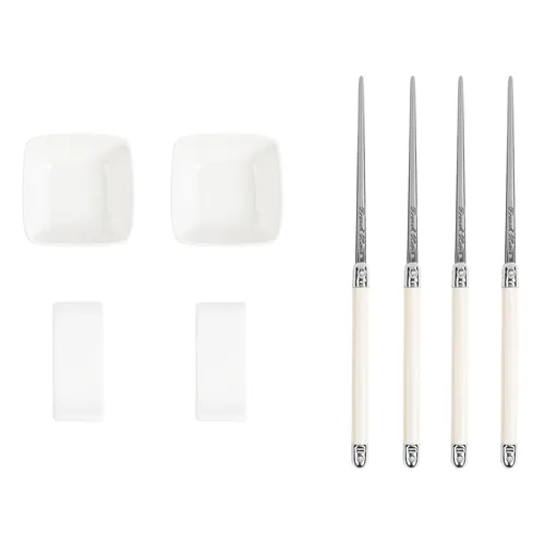 French Home Chopsticks with Faux Ivory Handles, Ceramic Rests & Sauce Bowls, Set of 2