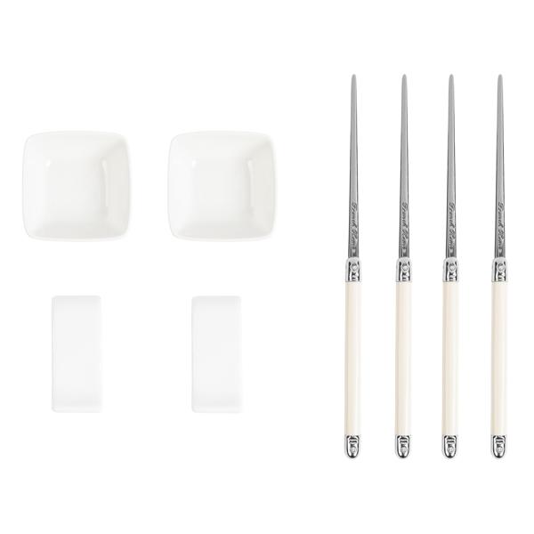 French Home Chopsticks with Faux Ivory Handles, Ceramic Rests & Sauce Bowls, Set of 2