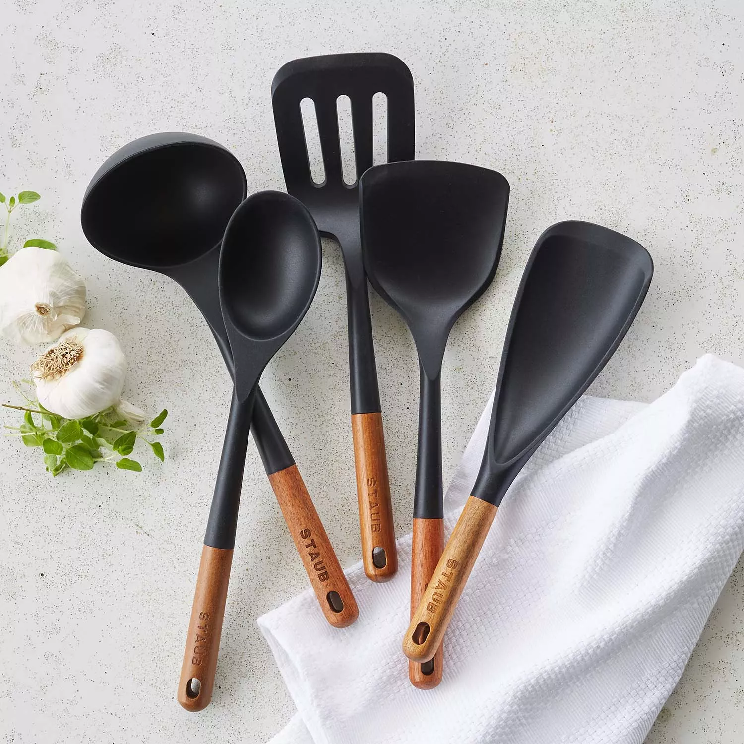 Staub Multifunction Spatula Spoon, Great for Both Cooking and Serving Durable BPA-Free Matte Black Silicone, Acacia Wood Handles, Safe for Nonstick