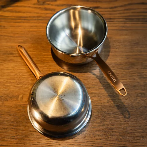 Cristel Castel'Pro 3-Ply Stainless Steel Mini Open Saucepan with Anitque Brass Handle