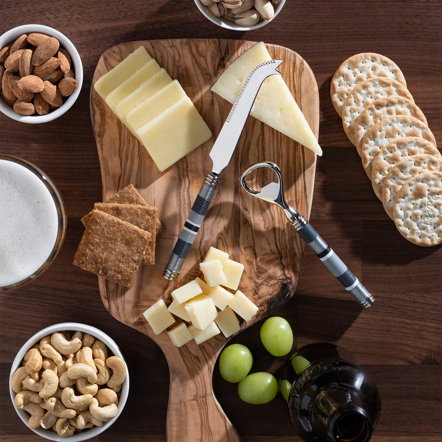 French Home Jubilee Cheese Knife, Bottle Opener & Olivewood Board Set