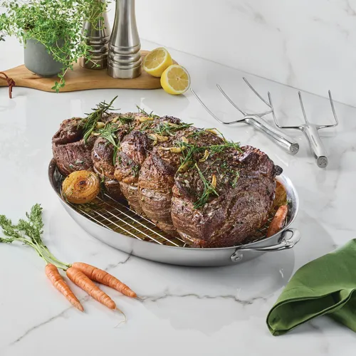 Hestan Provisions Stainless Steel Oval Roaster with Rack, 17.5"x14"