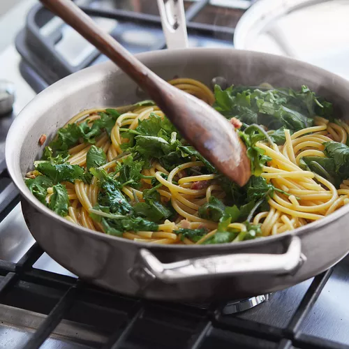 Bucatini with Peas, Kale, and Pancetta