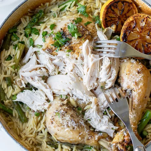 Whole Roasted Chicken in a Pot with Lemon Orzo