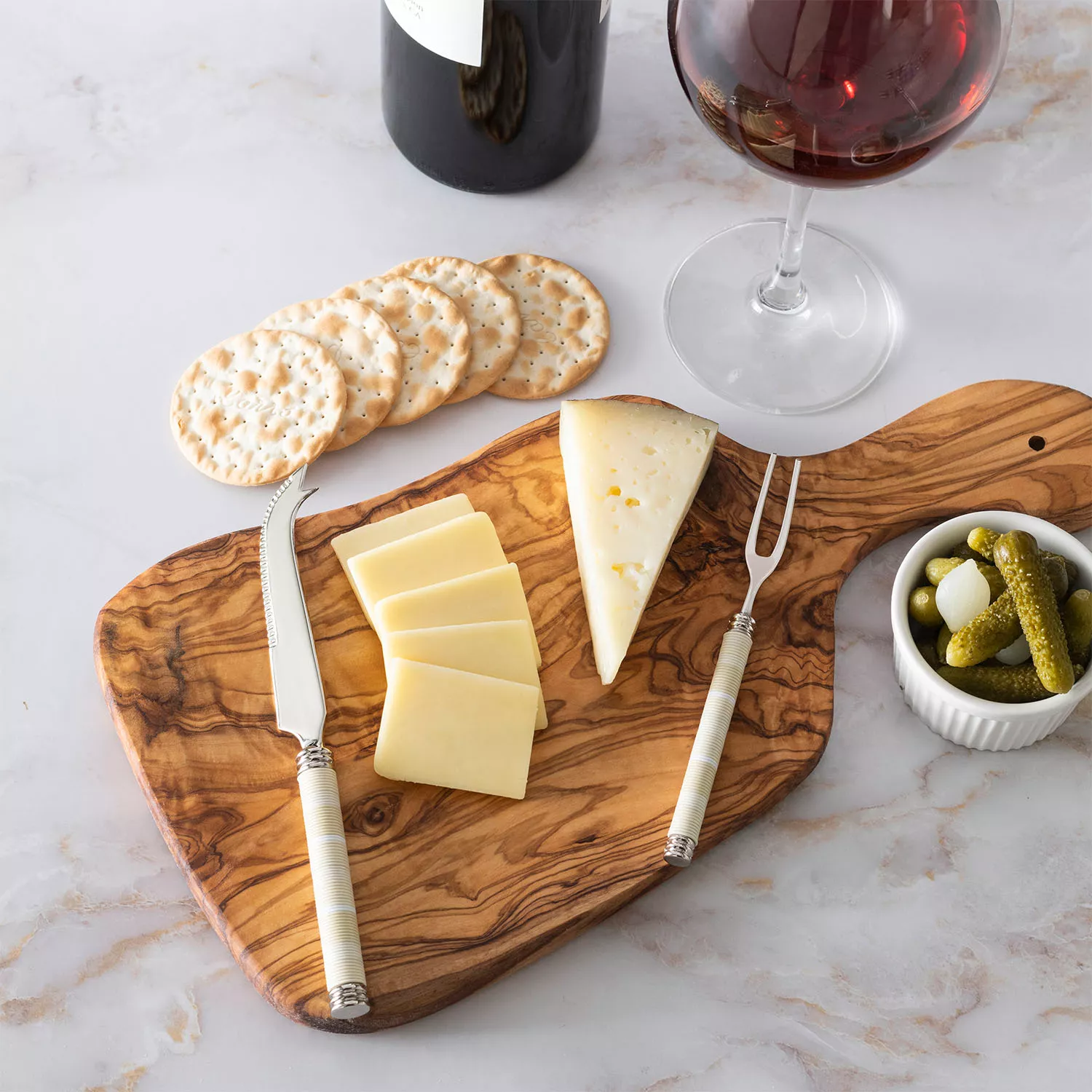 French Home Jubilee Cheese Knife, Fork & Olivewood Board Set