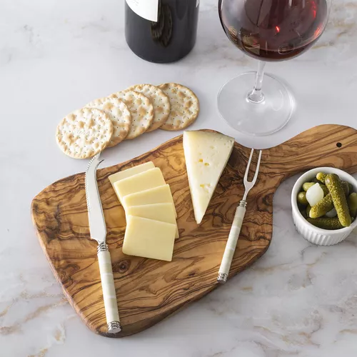 French Home Jubilee Cheese Knife, Fork & Olivewood Board Set
