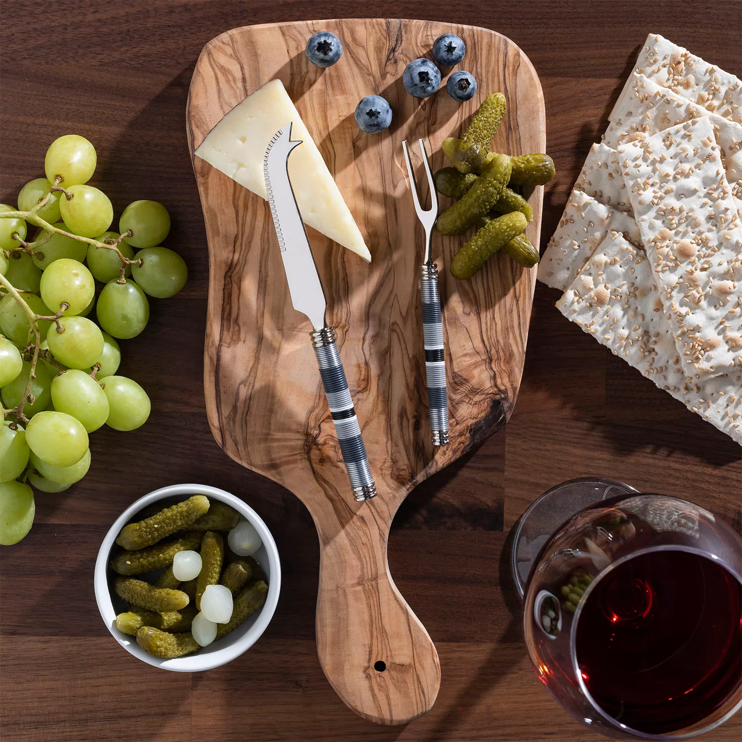 French Home Jubilee Cheese Knife, Fork & Olivewood Board Set