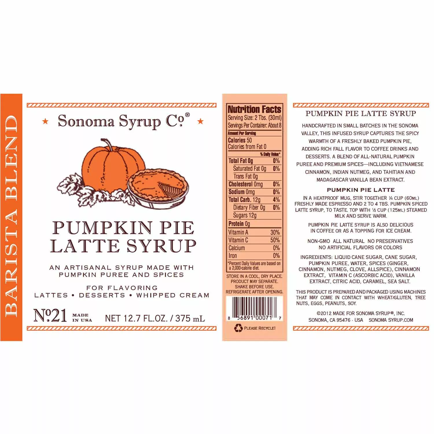Sonoma Syrup Pumpkin Pie Latte Syrup, 12.7 oz.