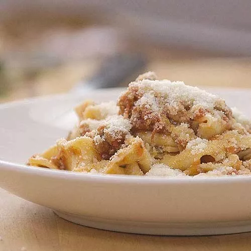 Pappardelle Pasta with Italian Sausage, Tomato, Oregano and Mint
