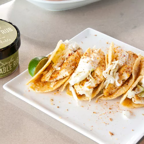 Rubbed and Seared Fish Tacos with Lime Cabbage Slaw