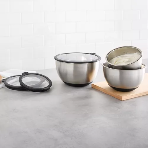 Sur La Table Stainless Steel Non-Skid Mixing Bowls with Lids, Set of 3 
