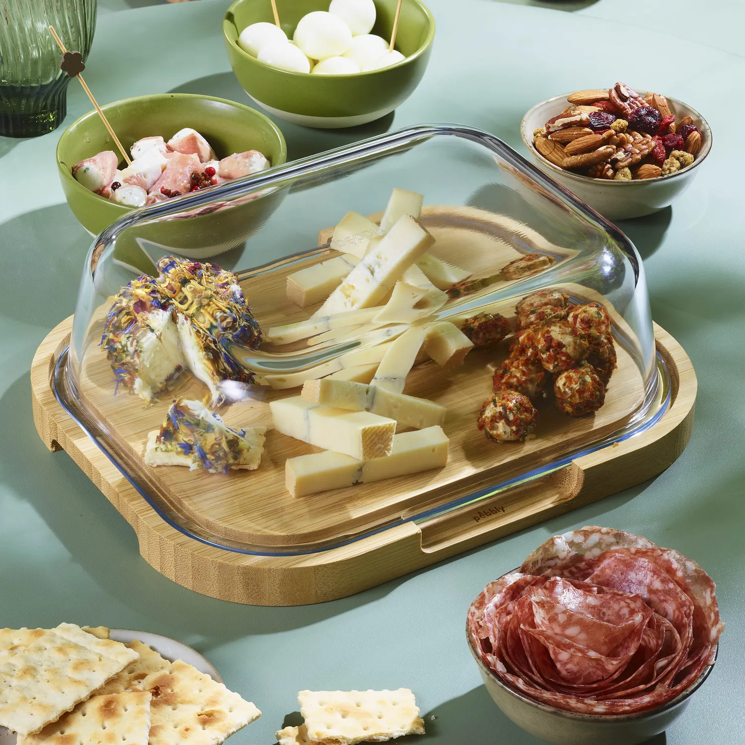 Pebbly Glass & Bamboo Cheese Box