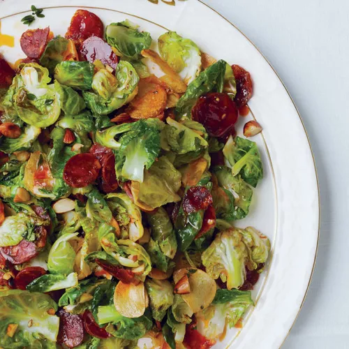 Brussels Sprout Leaves with Chorizo and Toasted Almonds from Bon Appétit
