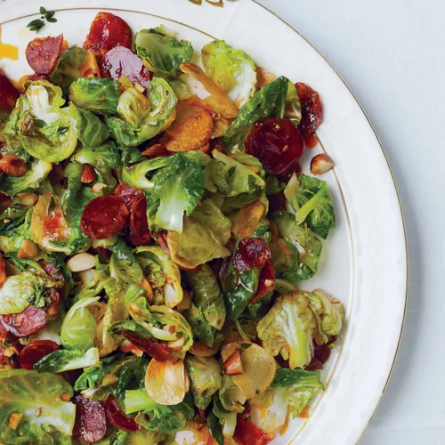 Brussels Sprout Leaves with Chorizo and Toasted Almonds from Bon App&#233;tit