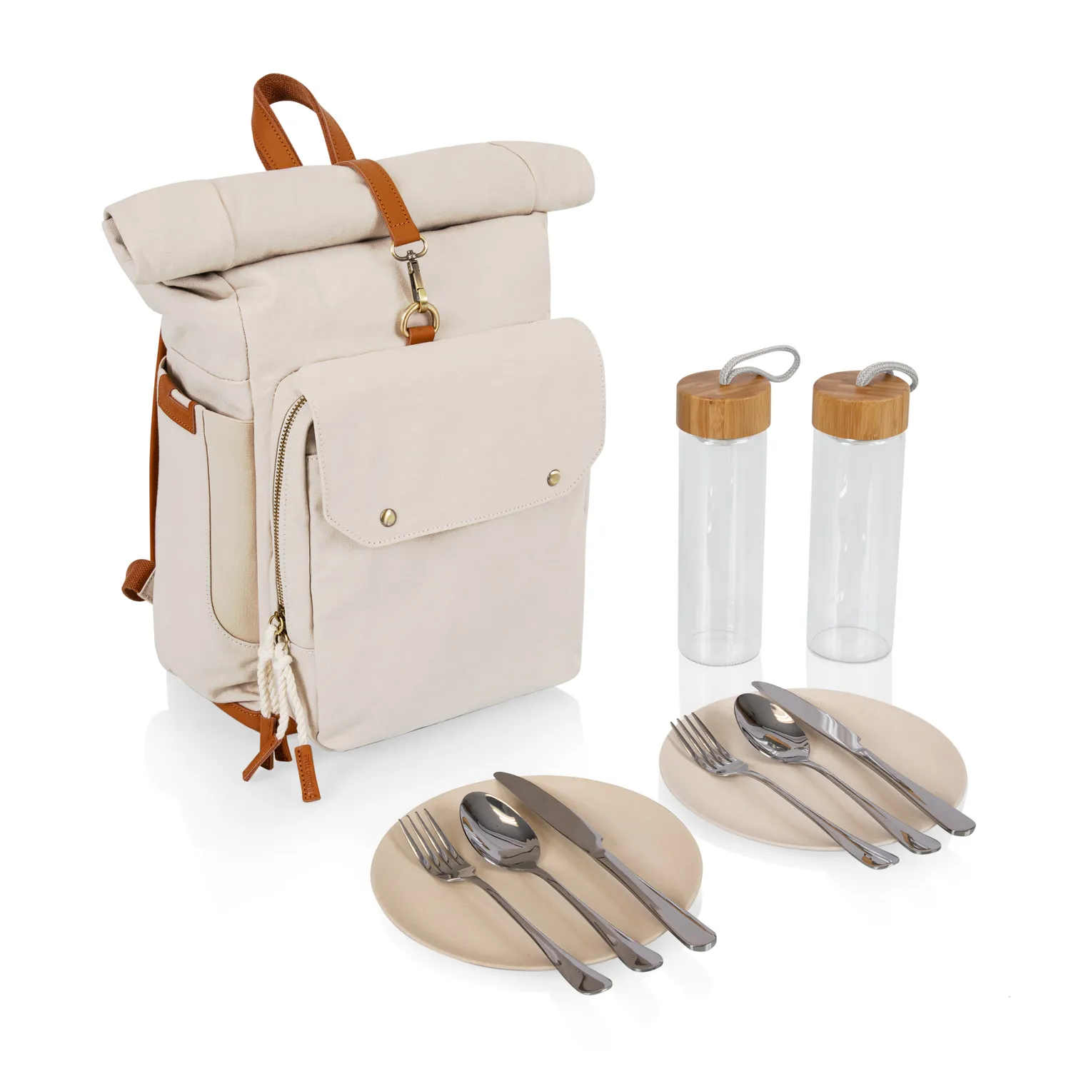 Picnic Time Roll Top Backpack Cooler w/ Utensil Set & Water Bottles