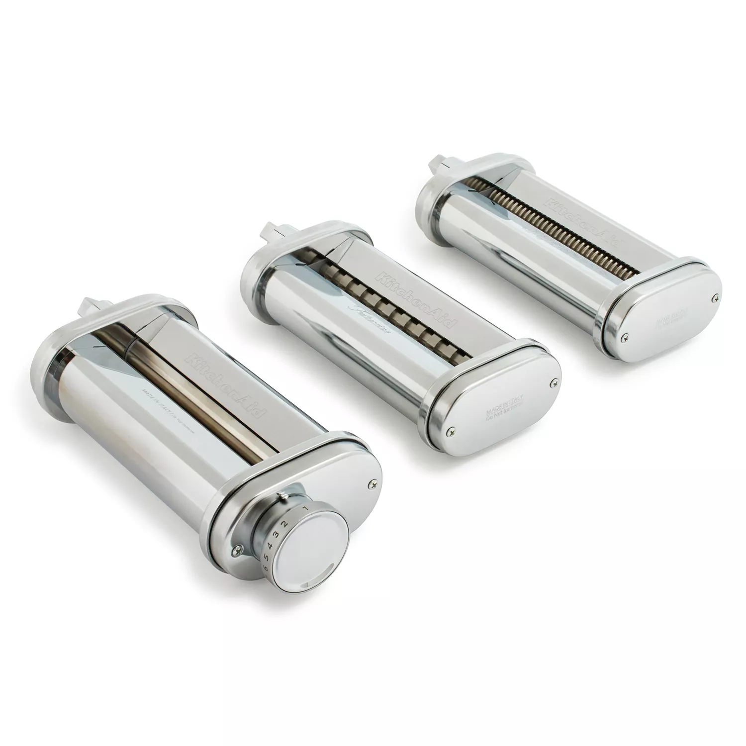 KitchenAid 3-Piece Pasta Roller & Cutter Set Attachment, Silver and KSMMGA  Metal Food Grinder Attachment, Silver