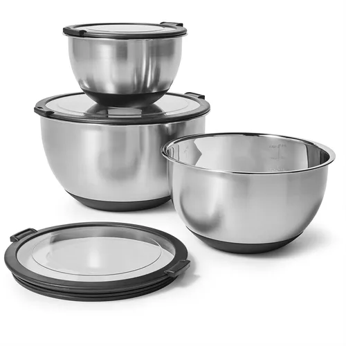 Sur La Table Stainless Steel Non-Skid Mixing Bowls with Lids, Set of 3 