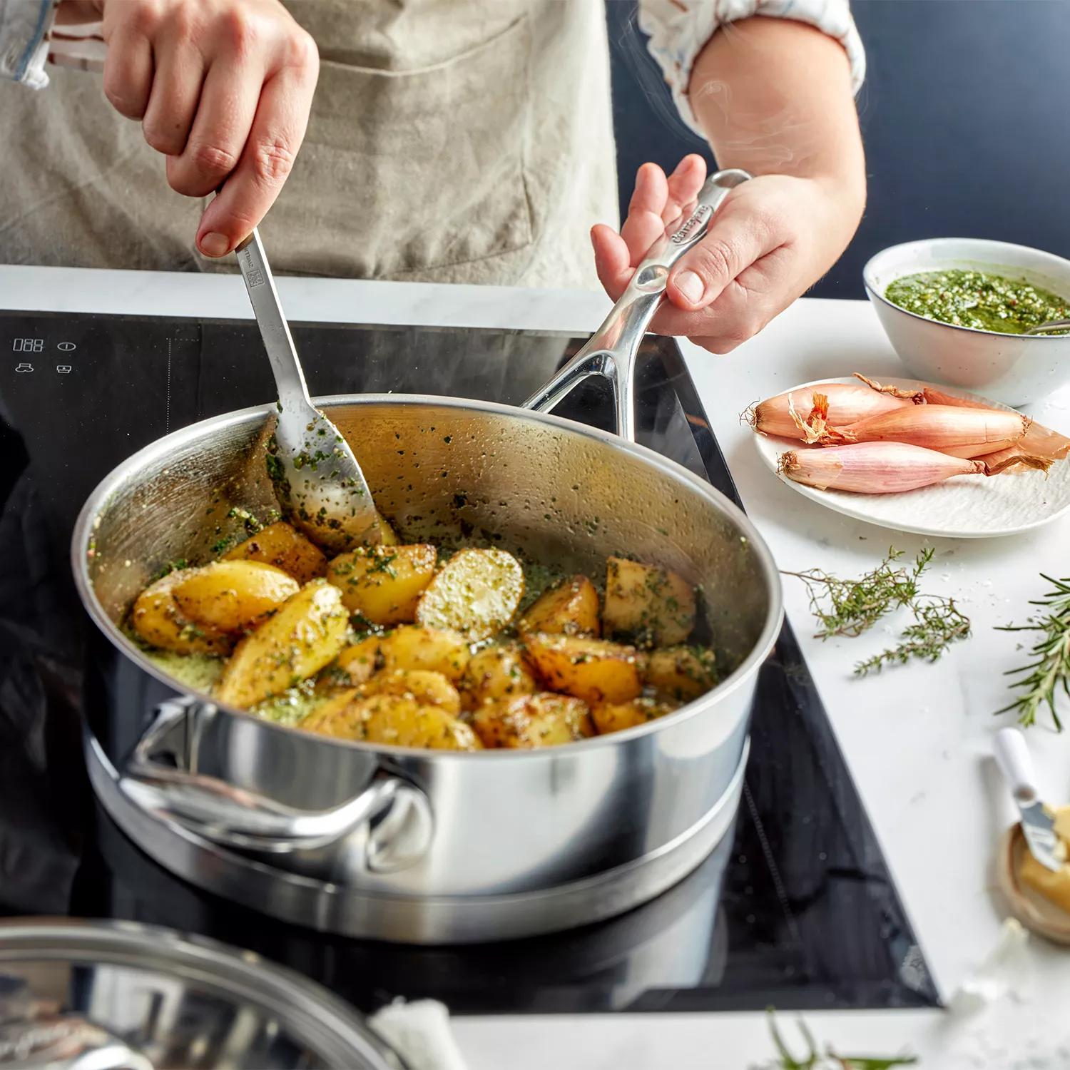 Demeyere Atlantis7 Stainless Steel Sauté Pan with Helper Handle and Lid