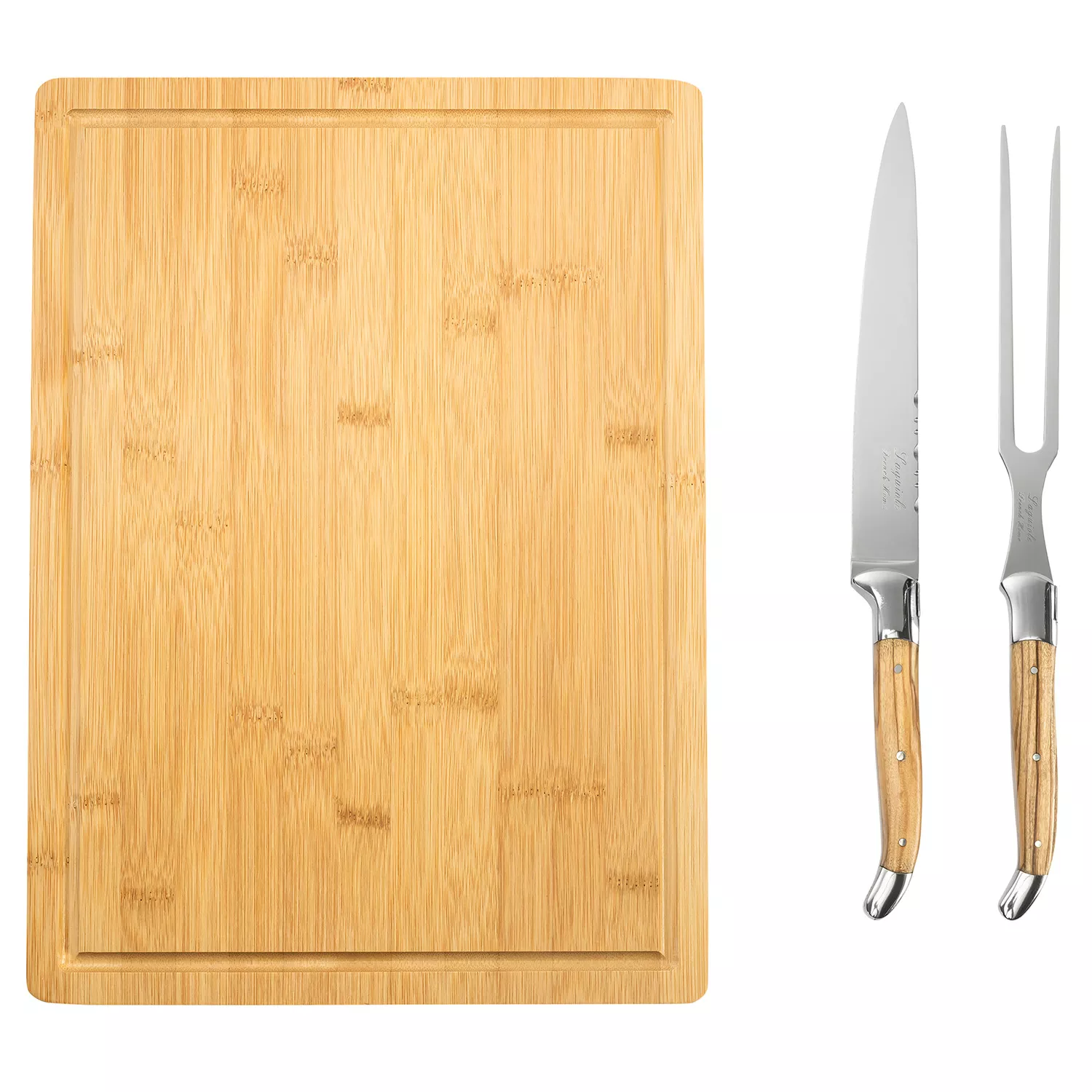 French Home Connoisseur Olive Wood Carving Set and Bamboo Cutting Board with Moat