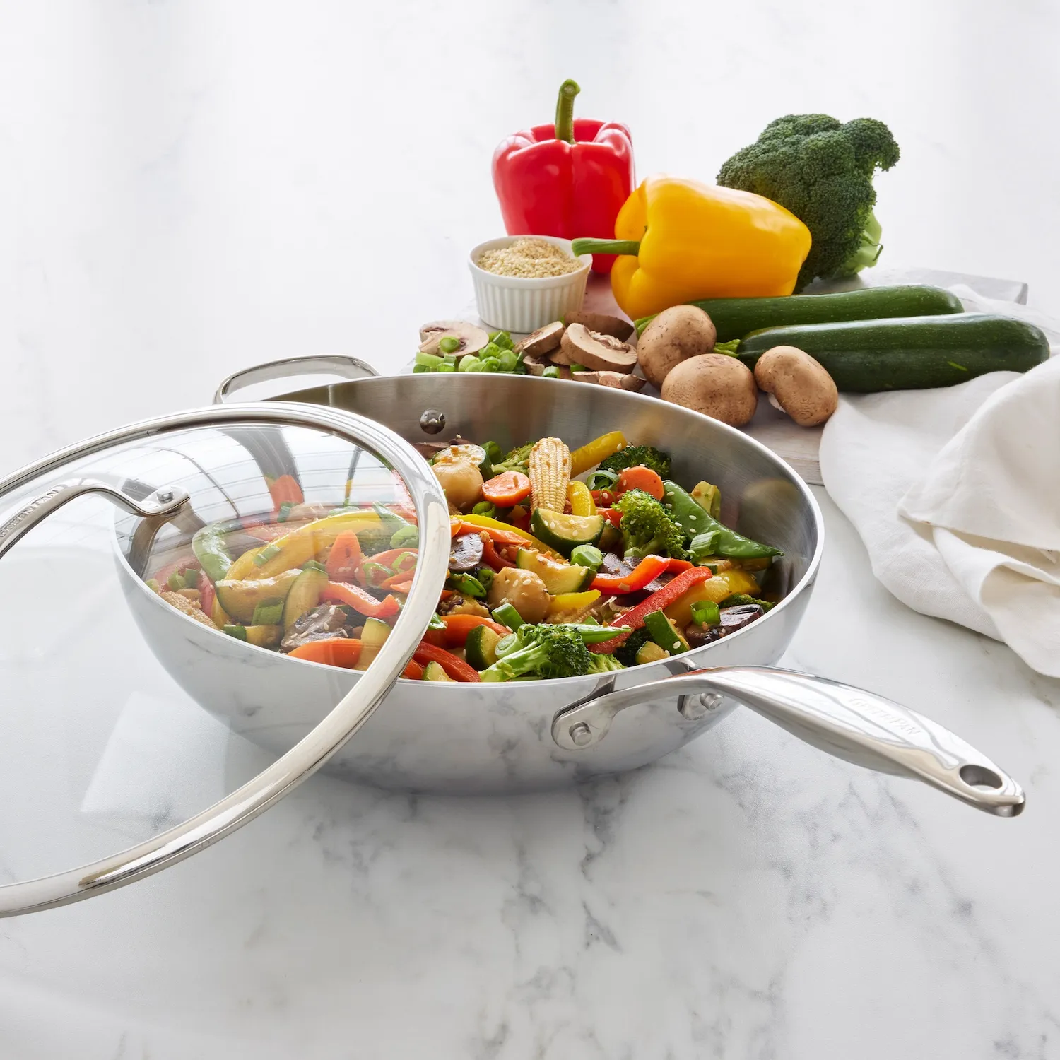 GreenPan Valencia Pro 3-Ply Stainless Steel Wok with Lid, 12" 