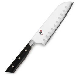 Miyabi Evolution Hollow-Edge Santoku, 7" Easily sharpened back to sharp edge, it still has the feel and angle of an Asian knife