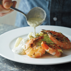 Salt Slab Shrimp with Asparagus and Honey-Basil Dressing
