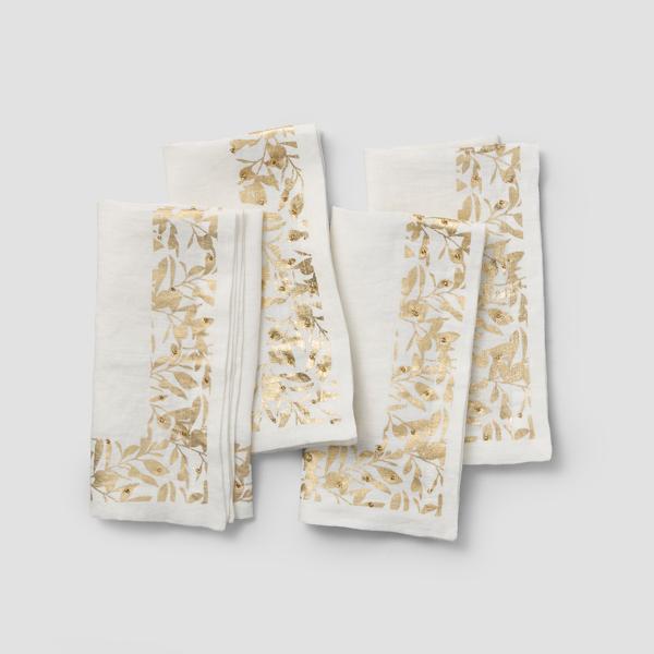 Sur La Table Gold Leaves Linen Napkins, Set of 4