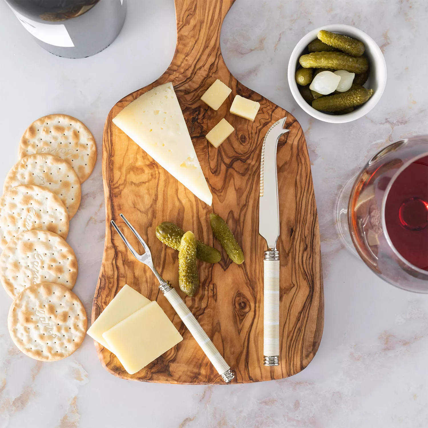 French Home Jubilee Cheese Knife, Fork & Olivewood Board Set