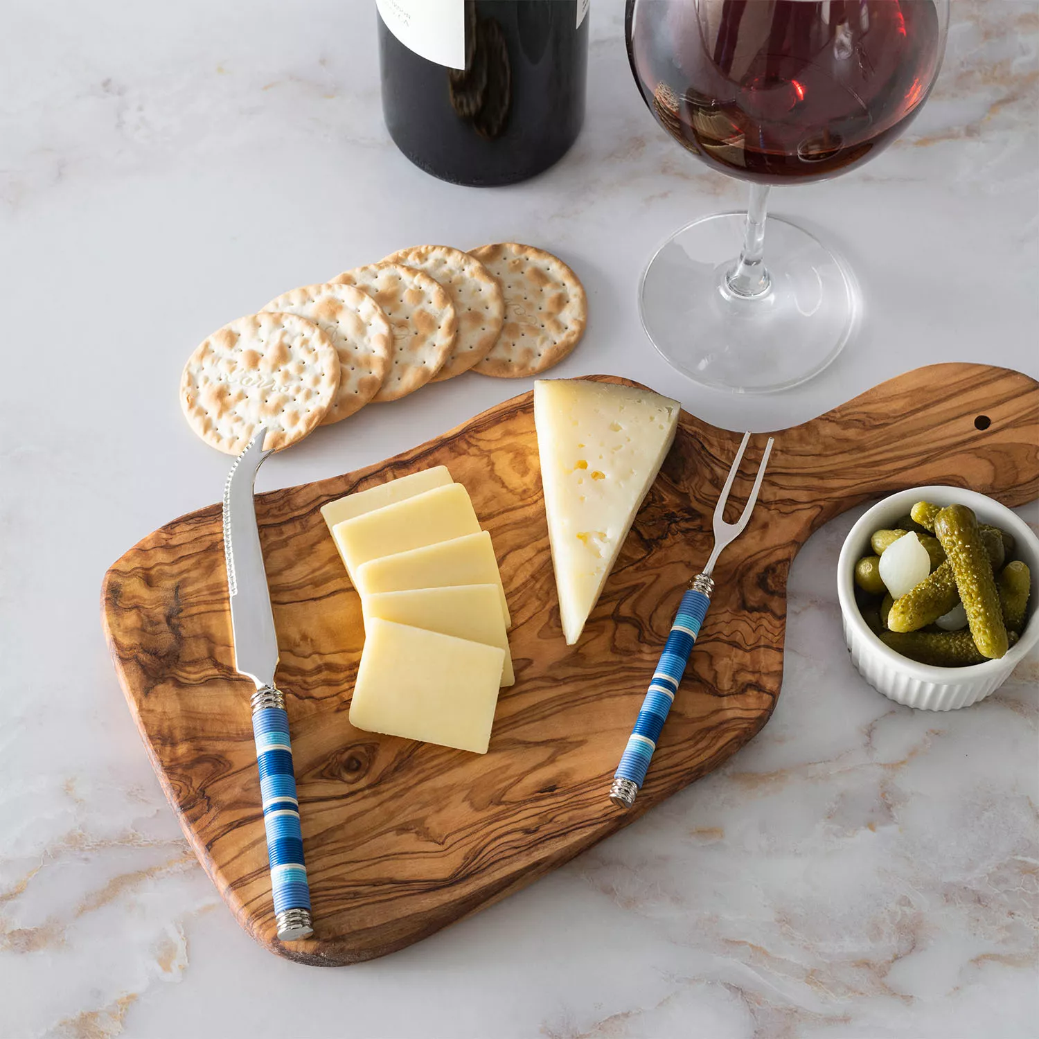 French Home Jubilee Cheese Knife, Fork & Olivewood Board Set