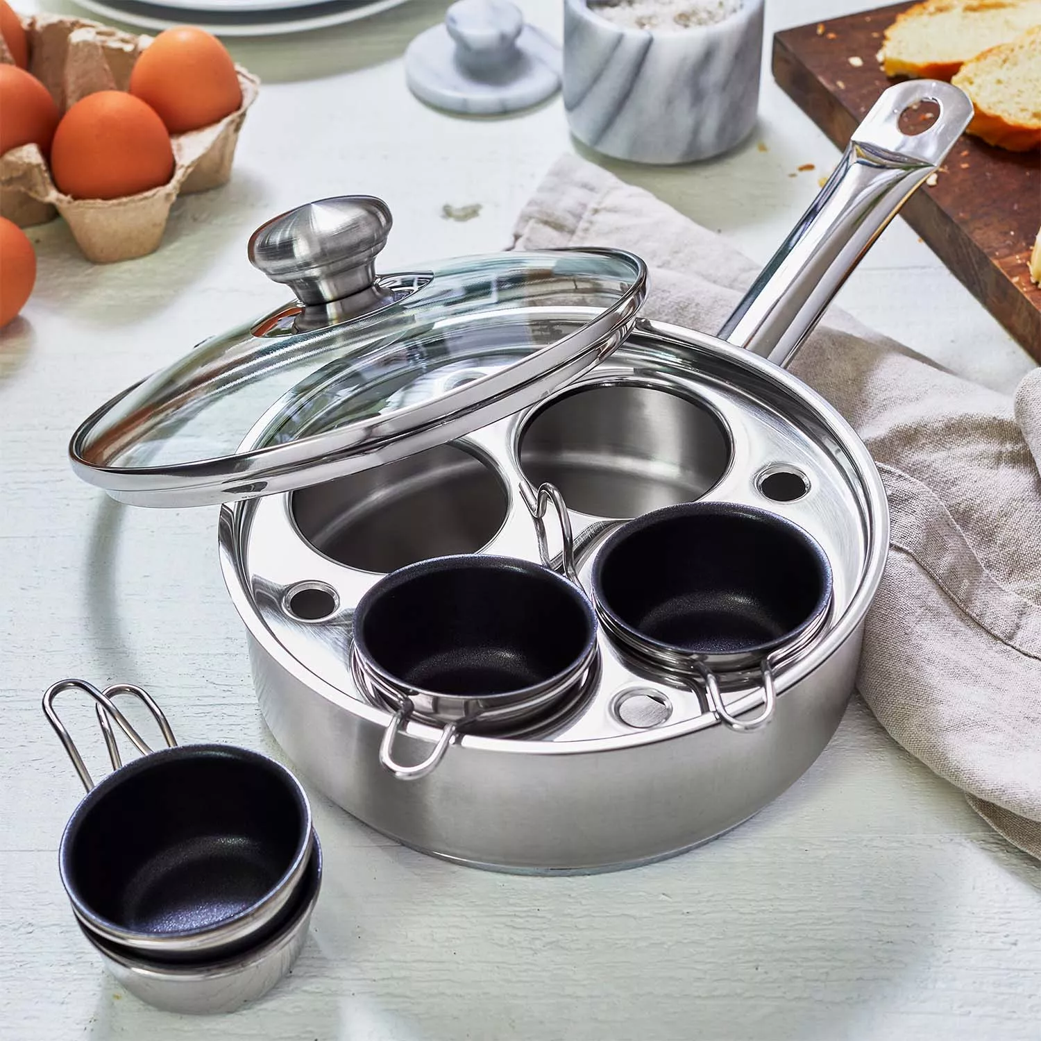 Demeyere Resto3 4-Cup Stainless Steel Egg Poacher Set