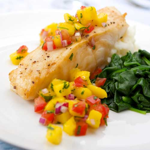 Halibut Steamed in Banana Leaves with Orange-Pineapple Relish