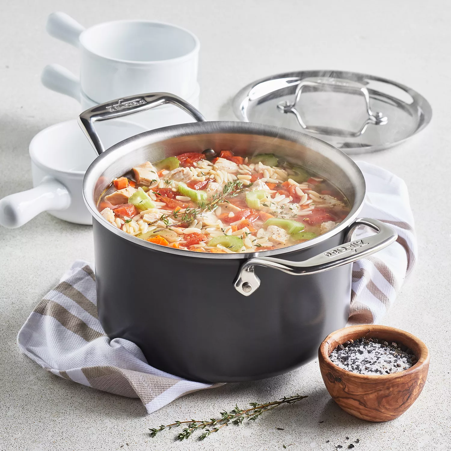 All-Clad 4-Qt Copper Core soup pot with lid and All-clad ladle