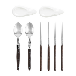 French Home Wenge Wood Chopsticks, Laguiole Spoons, & Ceramic Rests, Set of 2 Pairs