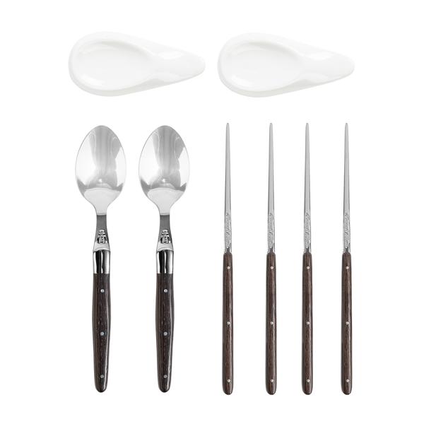 French Home Wenge Wood Chopsticks, Laguiole Spoons, & Ceramic Rests, Set of 2 Pairs
