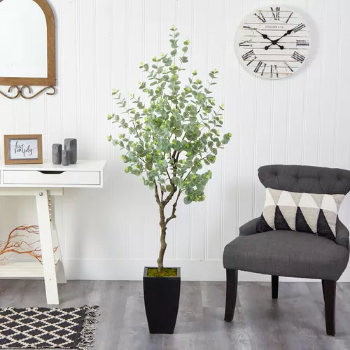 Nearly Natural Eucalyptus Silk Tree in Black Planter