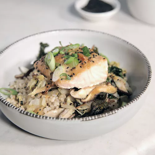 Sheet Tray Miso Salmon with Crispy Kale and Shiitakes