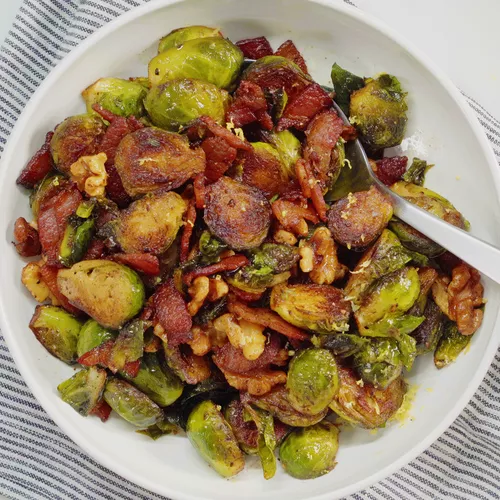 Sauteed Brussels Sprouts with Bacon and Walnuts