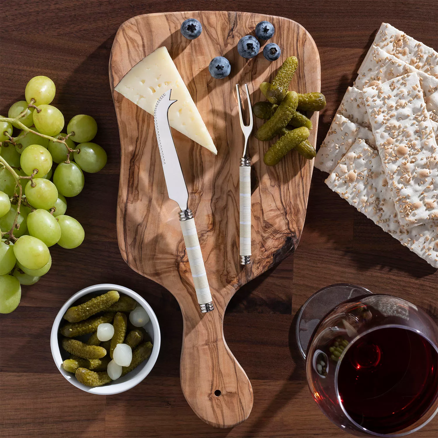 French Home Jubilee Cheese Knife, Fork & Olivewood Board Set