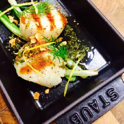 Steam-Grilled Scallops with Scallions, Herb Butter, Apple and Hazelnut