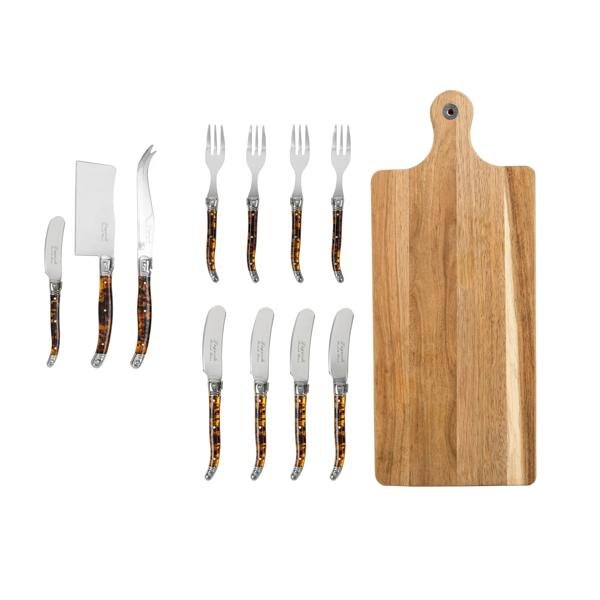French Home 12-Piece Laguiole Tortoise Shell Charcuterie Set with Wood Board